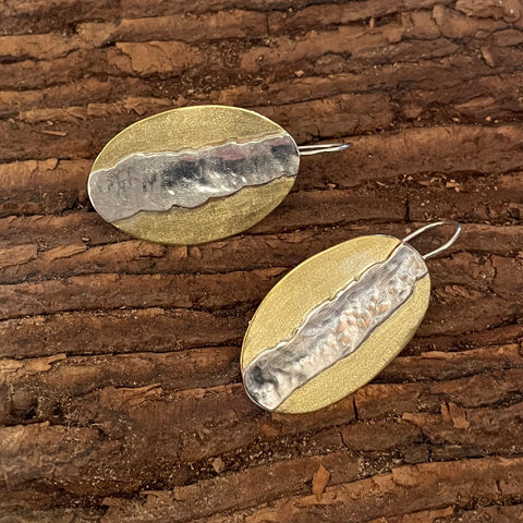 Brass oval with silver appliqué earrings