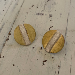 Brass with silver appliqué disc earrings