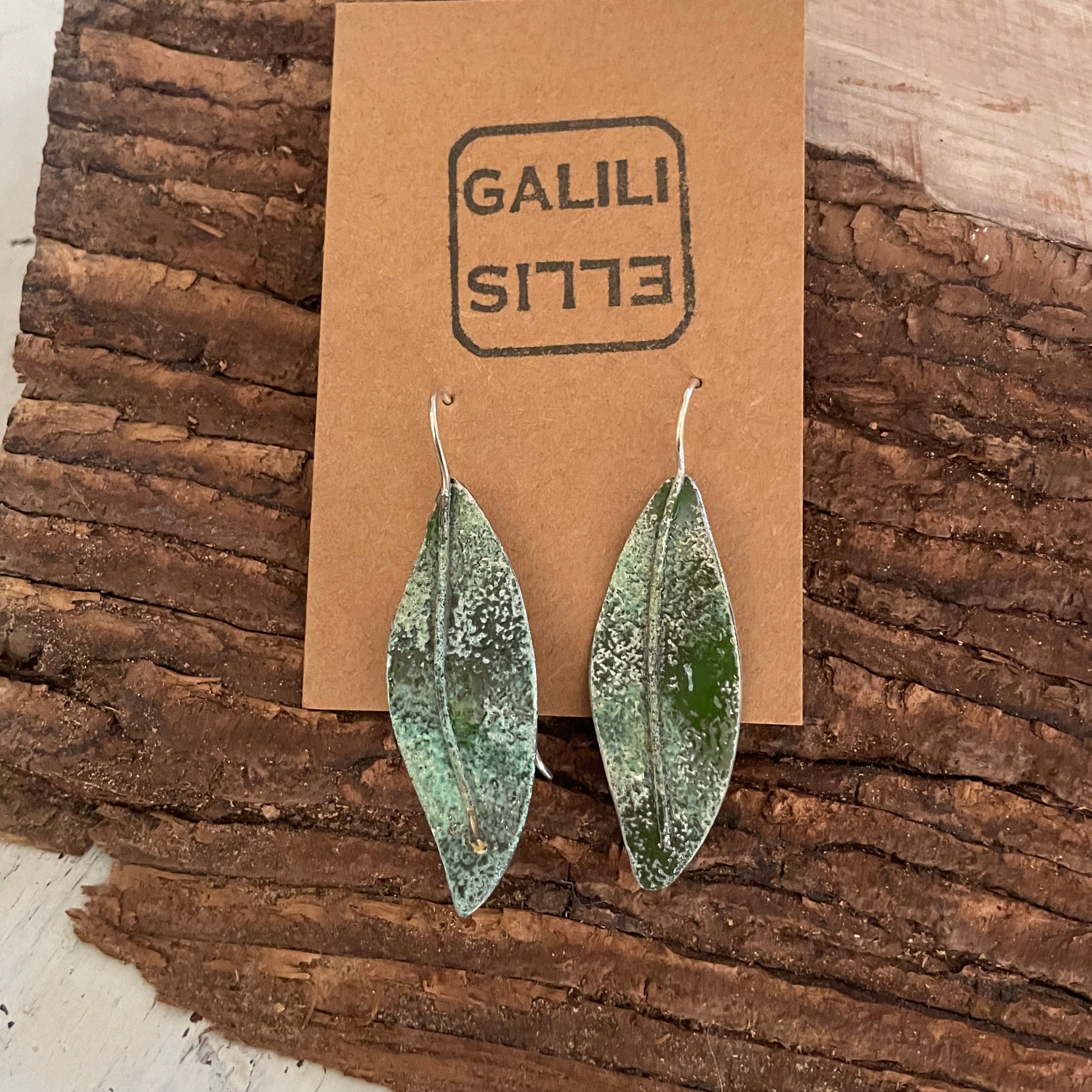 Patina sage leaf earrings