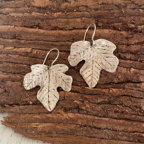 Silver fig leaf earrings