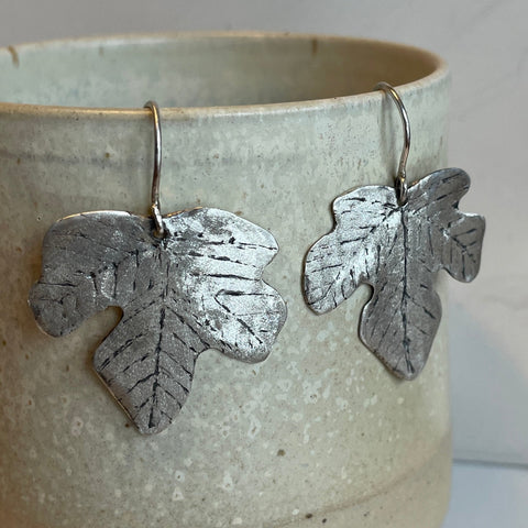 Silver fig leaf earrings